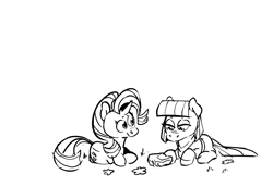 Size: 1264x868 | Tagged: safe, artist:kylesmeallie, maud pie, starlight glimmer, earth pony, pony, unicorn, female, lying down, mare, monochrome, prone, rock, smiling