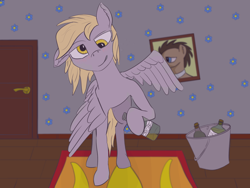 Size: 2048x1536 | Tagged: safe, artist:quarmaid, derpy hooves, doctor whooves, pony, alcohol, bottle, bucket, carpet, door, drunk, drunkerpy, female, picture, solo