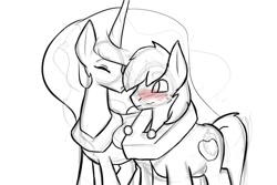 Size: 1500x1000 | Tagged: safe, artist:^:3, big macintosh, princess celestia, alicorn, earth pony, pony, /mlp/, 4chan, celestimac, cute, eyes closed, female, freckles, grayscale, kissing, male, monochrome, partial color, shipping, simple background, sketch, stallion, straight, wavy mouth, white background