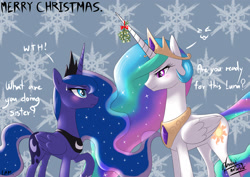 Size: 2400x1700 | Tagged: safe, artist:oloxbangxolo, princess celestia, princess luna, alicorn, pony, blushing, implied princest, mistletoe, mistletoe horn