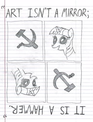 Size: 2168x2840 | Tagged: safe, artist:horselover fat, derpibooru import, twilight sparkle, hammer and sickle, monochrome, solo, text, traditional art