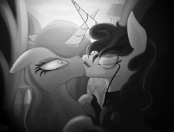 Size: 1280x971 | Tagged: safe, artist:pedrohander, derpibooru import, fancypants, fleur-de-lis, pony, unicorn, black and white, canterlot, digital art, fancyfleur, female, grayscale, kissing, male, monocle, moustache, noir, shipping, straight, surprise kiss, surprised