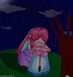 Size: 1293x1366 | Tagged: safe, artist:vixelzf, pinkie pie, human, equestria girls, bruised, crying, lonely, pinkamena diane pie, rain, sad, sitting, solo