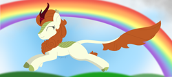 Size: 1438x652 | Tagged: safe, artist:dyonys, derpibooru exclusive, autumn blaze, kirin, awwtumn blaze, cute, eyes closed, female, jumping, lineless, rainbow