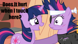 Size: 960x540 | Tagged: safe, derpibooru import, screencap, twilight sparkle, unicorn twilight, pony, unicorn, it's about time, caption, catsuit, cut, duo, eyepatch, female, future twilight, hoof on chest, image macro, mare, scar, self ponidox, solo