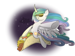 Size: 1024x768 | Tagged: safe, artist:lonedigger, princess celestia, alicorn, pony, food, grin, solo, space, sunglasses, taco