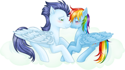 Size: 810x454 | Tagged: safe, artist:tinuleaf, derpibooru import, rainbow dash, soarin', pegasus, pony, backwards cutie mark, blushing, cloud, female, male, shipping, simple background, soarindash, straight, transparent background