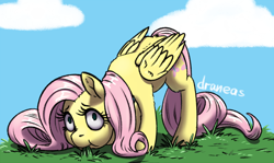 Size: 1266x754 | Tagged: safe, artist:draneas, fluttershy, pegasus, pony, :t, caught, cloud, eating, female, fluffy, grass, grazing, herbivore, horses doing horse things, leg fluff, looking at you, mare, nom, puffy cheeks, solo, wide eyes, wing fluff