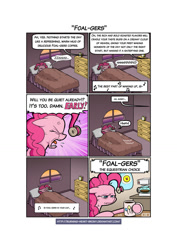 Size: 800x1133 | Tagged: safe, artist:burning-heart-brony, pinkie pie, earth pony, pony, bed, bedroom, coffee, comic, cross-popping veins, female, folgers, hair curlers, mare, morning ponies, mug, solo