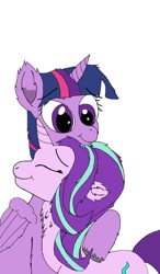 Size: 596x1024 | Tagged: safe, artist:danksailor, starlight glimmer, twilight sparkle, twilight sparkle (alicorn), alicorn, pony, affection, chest fluff, cuddling, cute, ear fluff, female, fluffy, friendship, non-romantic pairing, platonic, platonic cuddling, simple background, white background