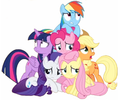 Size: 1918x1573 | Tagged: safe, derpibooru import, edit, edited screencap, editor:lonely fanboy48, screencap, applejack, fluttershy, pinkie pie, rainbow dash, rarity, twilight sparkle, twilight sparkle (alicorn), alicorn, earth pony, pegasus, pony, unicorn, best gift ever, the great escape room, background removed, cute, mane six, scared, simple background, together forever