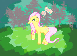 Size: 1130x826 | Tagged: safe, artist:boldrold, fluttershy, butterfly, pegasus, pony, horns, wingless