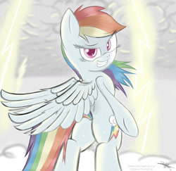 Size: 1400x1361 | Tagged: safe, artist:dashboom, derpibooru import, rainbow dash, pegasus, pony, bipedal, cloud, cloudy, female, lightning, looking at you, mare, plot, signature, sky, solo