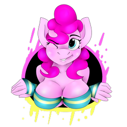 Size: 1000x1000 | Tagged: safe, artist:nexusmod, pinkie pie, anthro, breasts, female, pinkie pies, simple background, solo, transparent background, wink