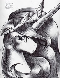 Size: 2454x3174 | Tagged: safe, artist:thespengineer, princess celestia, alicorn, pony, bust, floppy ears, frown, grayscale, looking at you, monochrome, pen, portrait, pouting, sad, solo
