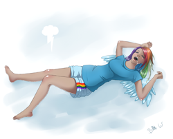 Size: 3300x2664 | Tagged: safe, artist:missangest, derpibooru import, rainbow dash, human, barefoot, clothes, cloud, drool, eyes closed, feet, humanized, lying, lying down, on back, open mouth, shorts, sleeping, spread wings, t-shirt, winged humanization