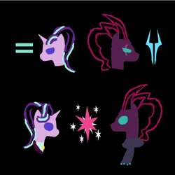 Size: 1400x1400 | Tagged: safe, starlight glimmer, tempest shadow, twilight sparkle, pony, unicorn, abstract, black background, bust, clothes, cutie mark, digital art, equal sign, haiku, happy birthday mlp:fim, headmare starlight, mlp fim's ninth anniversary, redemption, s5 starlight, scarf, simple background, sketch, storm king's emblem