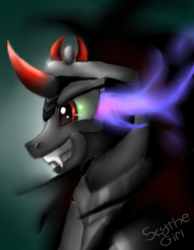 Size: 700x900 | Tagged: dead source, safe, artist:scythegirl, derpibooru import, king sombra, pony, unicorn, abstract background, bust, male, signature, smiling, solo, stallion