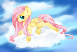 Size: 1024x694 | Tagged: safe, artist:j-lin-mlp, fluttershy, pegasus, pony, blushing, body blush, cloud, cloudy, looking at you, solo