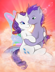 Size: 2037x2640 | Tagged: safe, artist:kydosexrarity, artist:mintyscratch, rarity, oc, oc:kydose, pegasus, pony, unicorn, canon x oc, cloud, love, raridose, romantic, shipping, snuggling, sunset