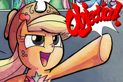 Size: 872x578 | Tagged: safe, edit, applejack, earth pony, pony, spoiler:comic, spoiler:comic21, ace attorney, objection, raised hoof, solo