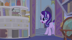 Size: 1280x720 | Tagged: safe, screencap, starlight glimmer, pony, unicorn, student counsel, book, bookshelf, female, globe, mare, open mouth, solo, starlight's office