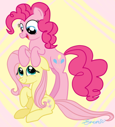 Size: 650x720 | Tagged: safe, artist:applefritta, fluttershy, pinkie pie, earth pony, pegasus, pony, duo, duo female, female, mare, pink coat, pink mane, yellow mane