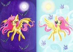 Size: 1024x731 | Tagged: safe, artist:shimmycocopuffssx1, fluttershy, fruit bat, duality, flutterbat, moon, solo