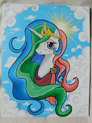 Size: 1024x1365 | Tagged: safe, artist:deadliestvenom, princess celestia, alicorn, pony, bust, cloud, portrait, solo, traditional art