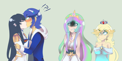 Size: 2400x1200 | Tagged: safe, artist:princess-rosalie97, princess celestia, human, context is for the weak, crossover, crossover shipping, exclamation point, faic, green background, humanized, interrobang, kill la kill, kissing, question mark, request, rosalina, satsuki kiryuin, shipping, simple background, sonic the hedgehog, sonic the hedgehog (series), super mario bros., super mario galaxy, wat