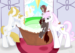 Size: 1024x724 | Tagged: safe, artist:stagetechyart, derpibooru import, fleur-de-lis, prince blueblood, oc, oc:blueblood's mom, oc:mana fall, bath, colt, male, mouth hold, younger