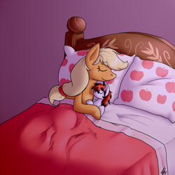 Size: 1280x1280 | Tagged: safe, artist:shikaro, applejack, oc, oc:twinwing, earth pony, pony, bed, cuddling, female, mare, sleeping