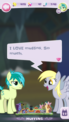 Size: 750x1334 | Tagged: safe, derpy hooves, sandbar, pony, my little pocket ponies, dialogue, duo, muffin, screenshots, that pony sure does love muffins