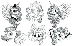 Size: 1280x807 | Tagged: safe, artist:talonsword, apple bloom, princess celestia, princess luna, scootaloo, spike, sweetie belle, alicorn, dragon, pony, cutie mark crusaders, gem, grayscale, monochrome, sketch