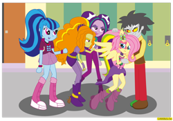 Size: 1024x716 | Tagged: safe, artist:conikiblasu-fan, adagio dazzle, aria blaze, discord, fluttershy, sonata dusk, equestria girls, rainbow rocks, bullying, ponied up, the dazzlings