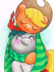 Size: 1556x2048 | Tagged: artist needed, safe, applejack, oc, oc:constance everheart, earth pony, pony, canon x oc, clothes, cute, everjack, scarf, shared clothing, shared scarf, shipping, traditional art