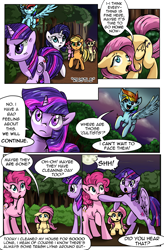 Size: 1800x2740 | Tagged: safe, artist:candyclumsy, derpibooru import, applejack, fluttershy, pinkie pie, rainbow dash, rarity, twilight sparkle, twilight sparkle (alicorn), alicorn, earth pony, pegasus, pony, unicorn, comic:curse and madness, comic, everfree forest, female, flying, forest, mane six, mare, mlpcam, shhh, text, text bubbles, tree, wings