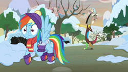 Size: 1280x720 | Tagged: safe, derpibooru import, screencap, discord, rainbow dash, draconequus, pegasus, pony, best gift ever, clothes, eyes closed, female, flying, handkerchief, hat, male, mare, snow, tree, winter, winterchilla