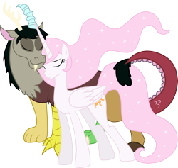 Size: 4736x4495 | Tagged: safe, artist:jennieoo, discord, princess celestia, alicorn, draconequus, pony, absurd resolution, dislestia, duo, ethereal mane, eyes closed, female, male, mare, pink-mane celestia, shipping, simple background, straight, teenager, transparent background, vector, younger