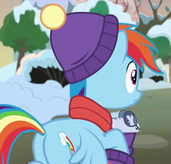 Size: 681x654 | Tagged: safe, derpibooru import, screencap, rainbow dash, pegasus, pony, best gift ever, cropped, female, hat, mare, plot, winterchilla