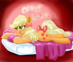 Size: 2500x2141 | Tagged: safe, artist:impcjcaesar, applejack, earth pony, pony, alternate hairstyle, bed, blushing, bow, lying, solo, tail bow