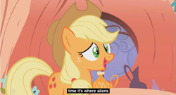 Size: 853x463 | Tagged: source needed, safe, screencap, applejack, alien, earth pony, pony, exploitable meme, meme, solo, youtube caption