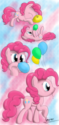 Size: 613x1303 | Tagged: safe, artist:caumen, pinkie pie, earth pony, pony, balloon, balloonacy, blowing up balloons, cute, female, mare, mouth hold, solo