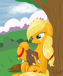 Size: 1600x1920 | Tagged: safe, artist:emberfall0507, applejack, winona, earth pony, pony, crying, dead, hatless, holding, missing accessory, sad