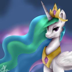 Size: 1900x1900 | Tagged: safe, artist:bunnzee, princess celestia, alicorn, pony, bedroom eyes, looking at you, smiling, solo