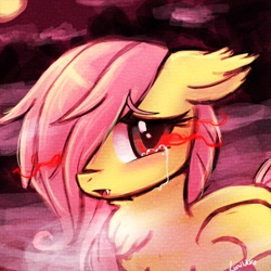 Size: 500x500 | Tagged: safe, artist:lumineko, fluttershy, pegasus, pony, blushing, chest fluff, crying, cute, fangs, female, filly, floppy ears, flutterbat, glowing eyes, hair over one eye, hot springs, looking at you, messy mane, open mouth, sad, solo, steam, water, younger