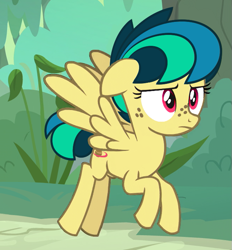 Size: 659x709 | Tagged: safe, artist:shinodage, derpibooru import, edit, edited screencap, screencap, spur, oc, oc only, oc:apogee, pegasus, pony, growing up is hard to do, cropped, female, filly, flying, freckles, solo, teenager