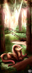 Size: 1748x3903 | Tagged: safe, artist:tiny-kai, fluttershy, pegasus, pony, forest, music, music notes, solo