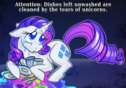 Size: 1000x701 | Tagged: safe, artist:carnival, rarity, pony, unicorn, bowl, commission, crying, dishes, glass, knife, public service announcement, sad, solo, spoon