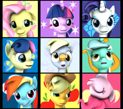 Size: 6000x5313 | Tagged: safe, artist:apexpredator923, applejack, bon bon, derpy hooves, fluttershy, lyra heartstrings, pinkie pie, rainbow dash, rarity, sweetie drops, twilight sparkle, earth pony, pegasus, pony, unicorn, 3d, absurd resolution, eyes closed, female, floppy ears, food, mane six, muffin, tongue out, upside down